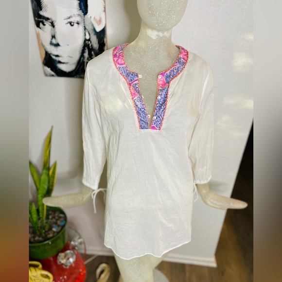 Staci Woo Souvenir Edition White/Pink/Purple Long Sleeve Tunic. Size 2 - Picture 2 of 16